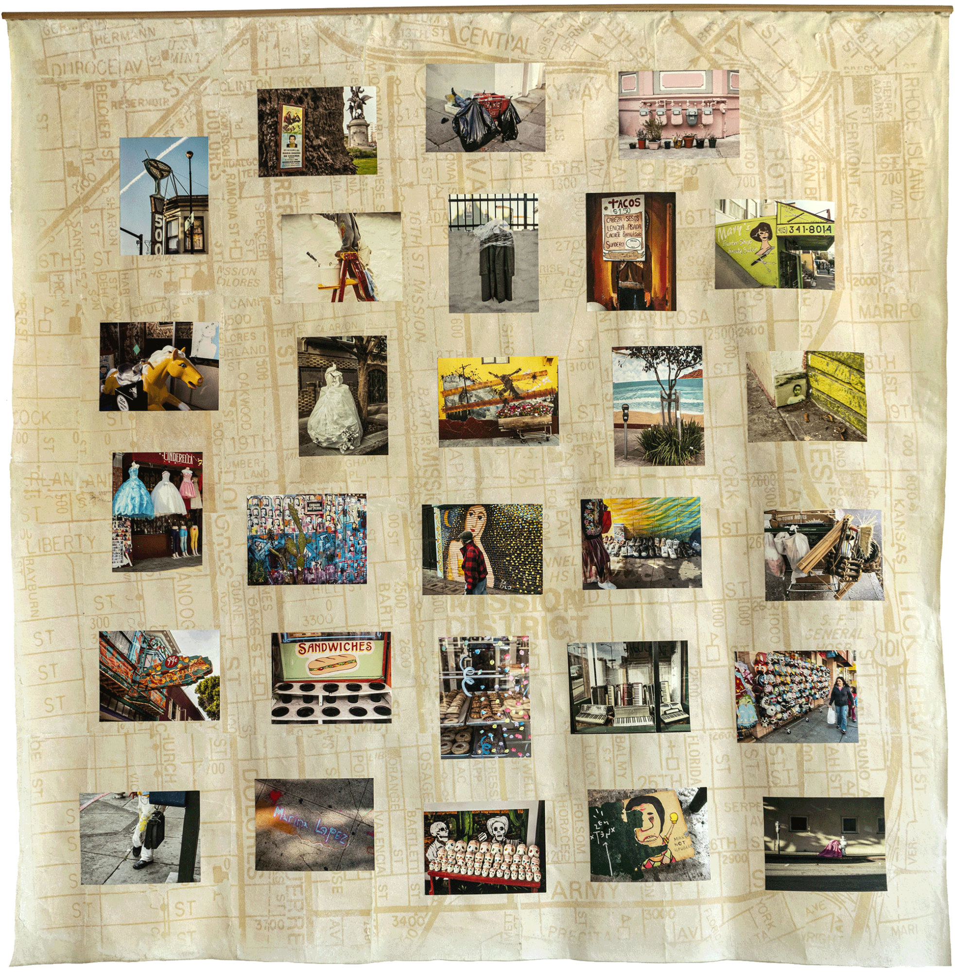 Messages from the Mission
6' x 6' wall hanging
Photographic prints affixed to canvas map