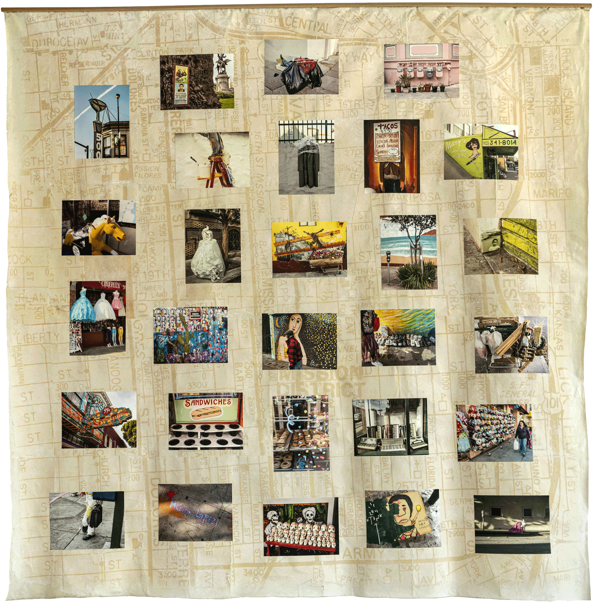 wallhanging Messages from the Mission
6' x 6' wall hanging
Photographic prints affixed to canvas map